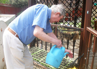 Resident watering seeds in the garden at Woodstock Residential Care Home