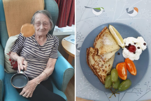 Pancake flipping and a pancake served on a plate at Woodstock Residential Care Home  