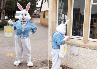 The Easter Bunny visiting at the window at Woodstock Residential Care Home