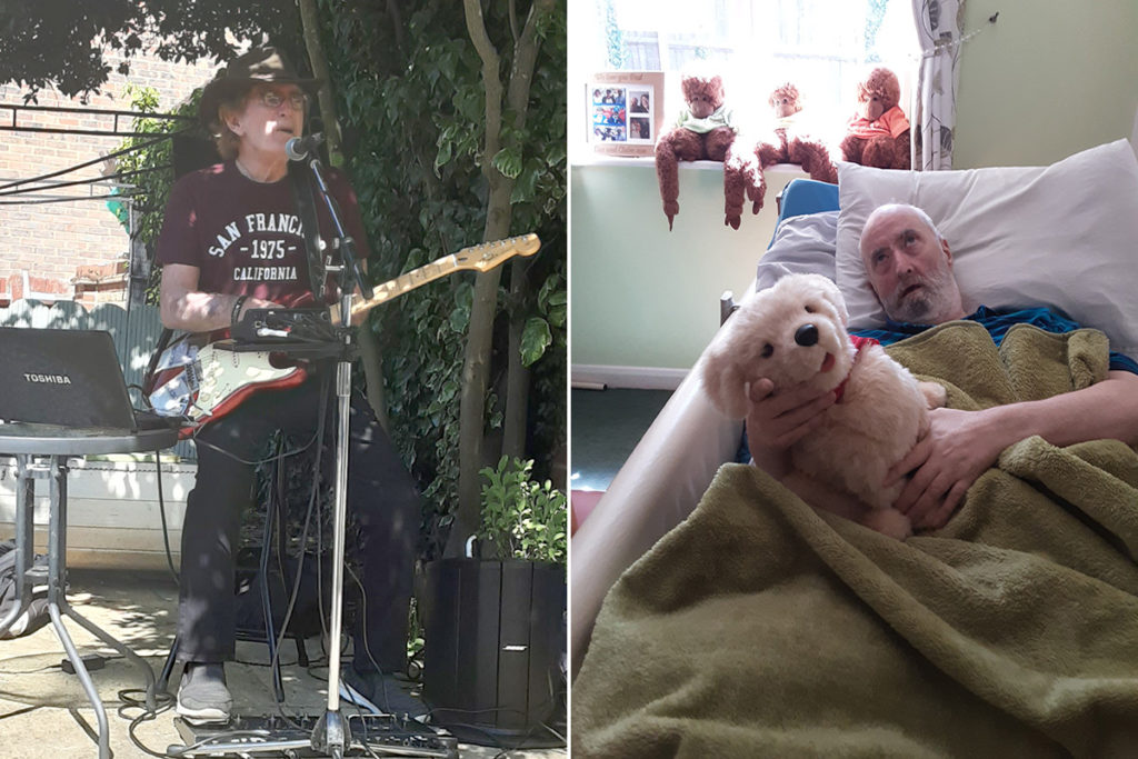 Singer Bruce and a resident with his interactive dog at Woodstock Residential Care Home
