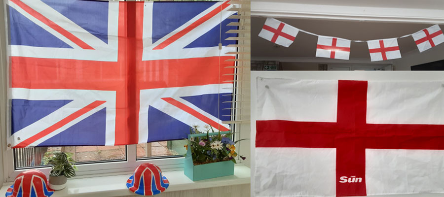 Union Jack and England flags and bunting to celebrate Euro 2020 at Woodstock Residential Care Home