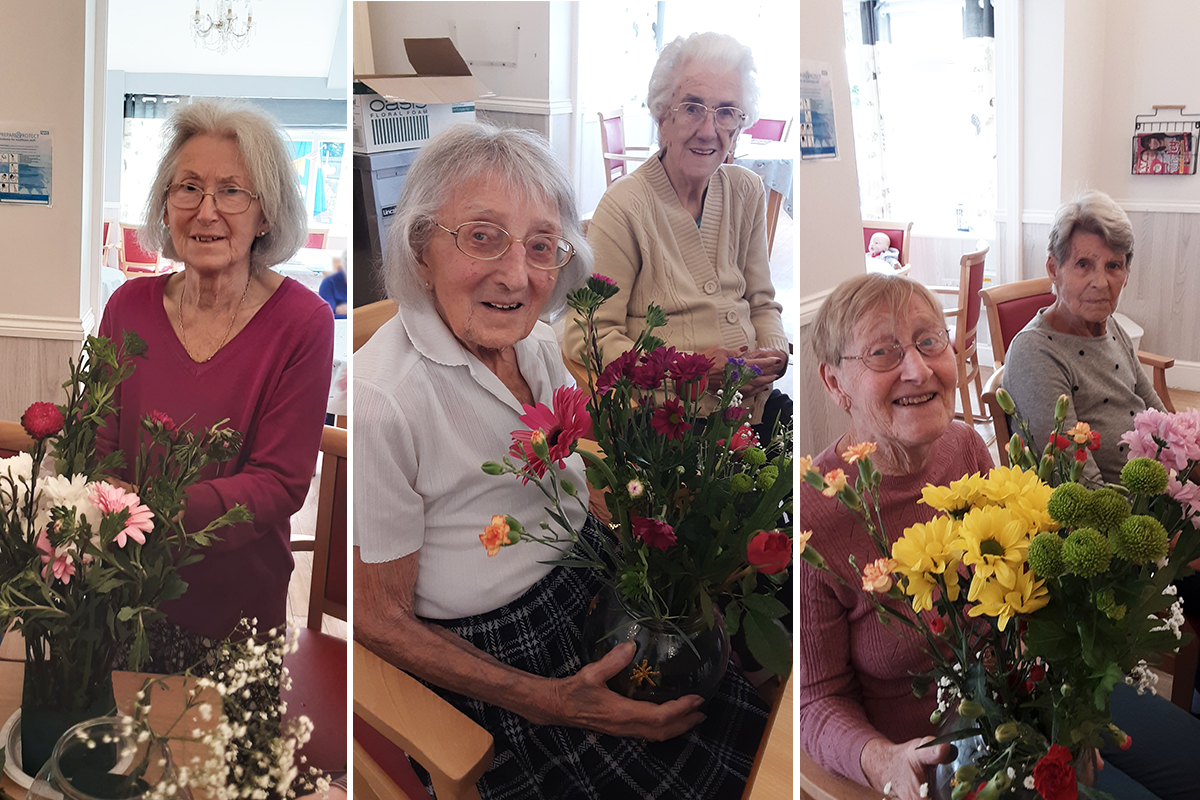 Woodstock Residential Care Home residents making floral table centre pieces  