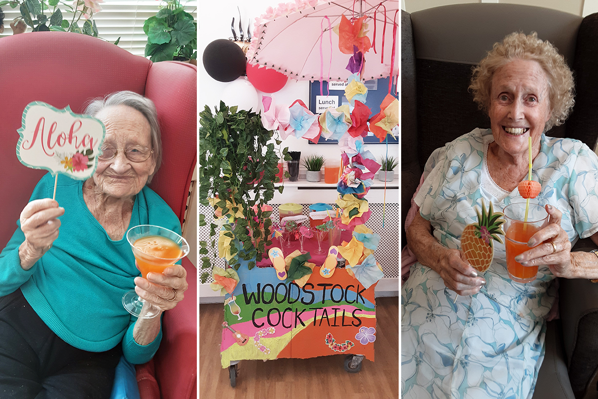 Residents enjoying drinks from the cocktail trolley at Woodstock Residential Care Home