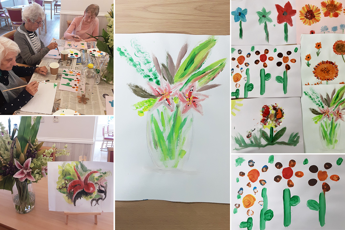 Woodstock Residential Care Home residents painting flower pictures