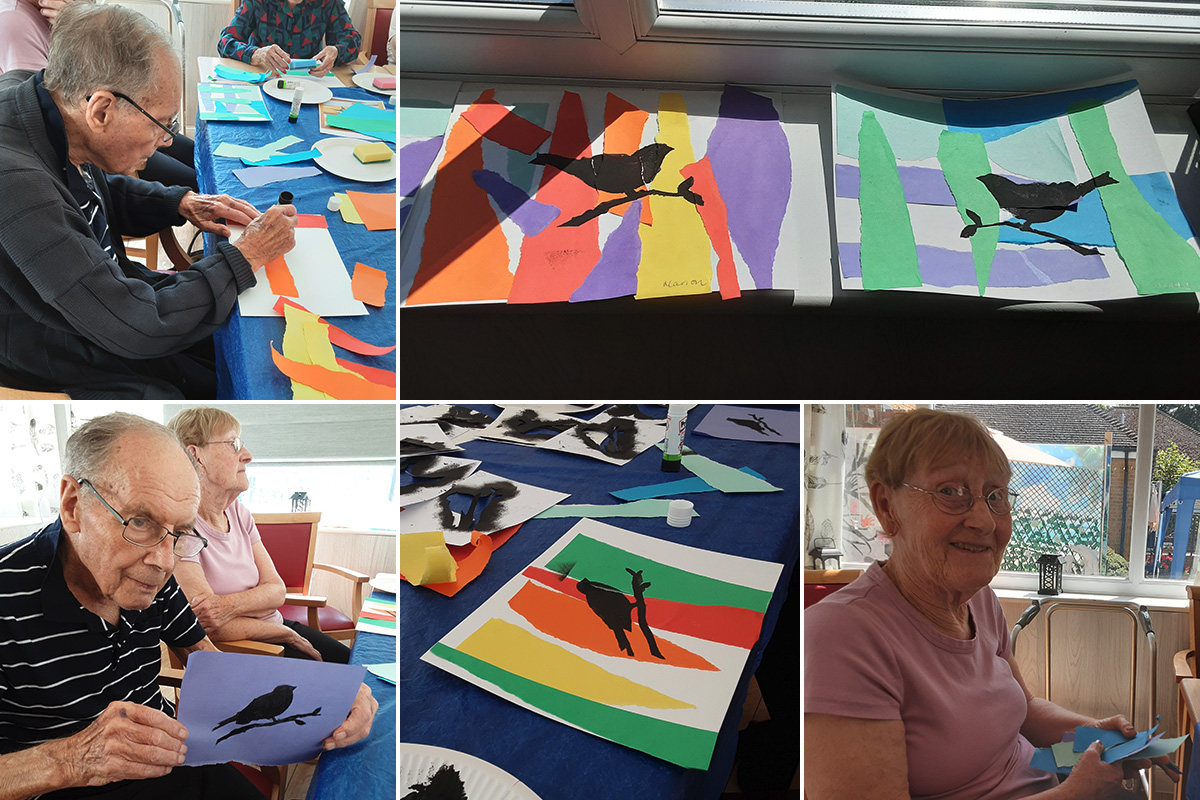 Making colourful bird pictures at at Woodstock Residential Care Home