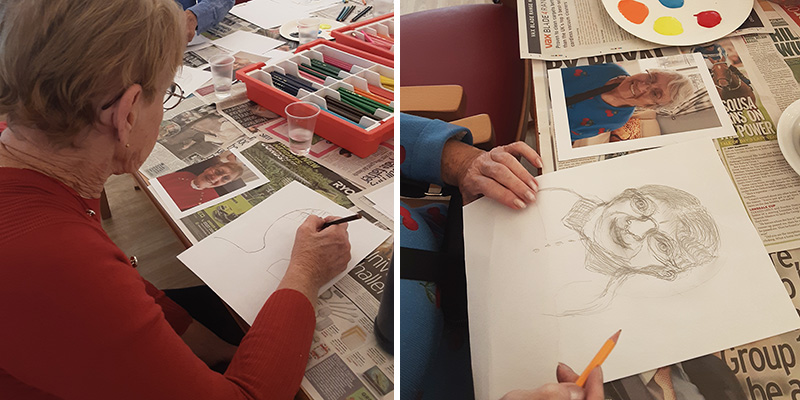 Drawing self portraits at Woodstock Residential Care Home
