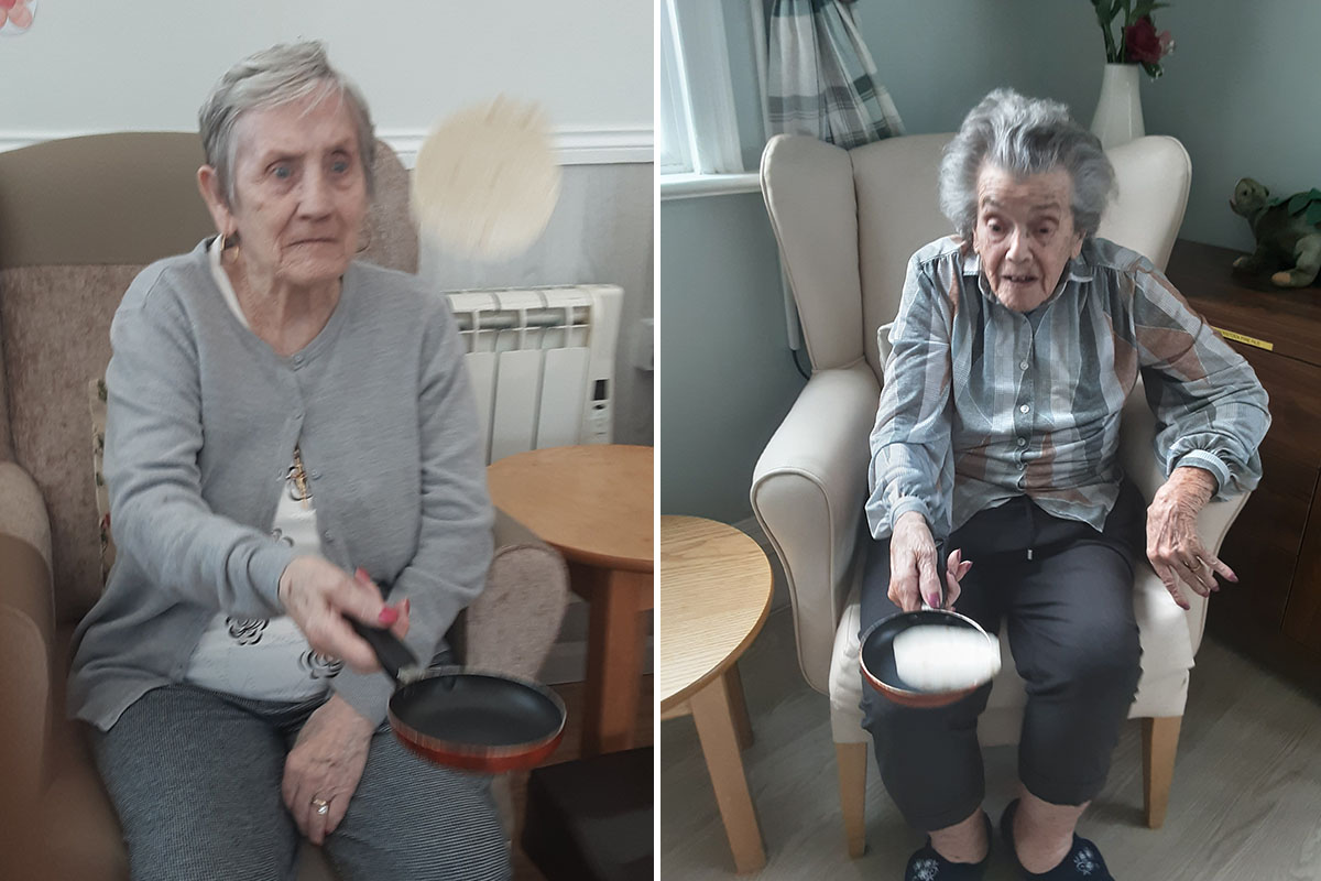 Woodstock Residential Care Home residents tossing pancakes