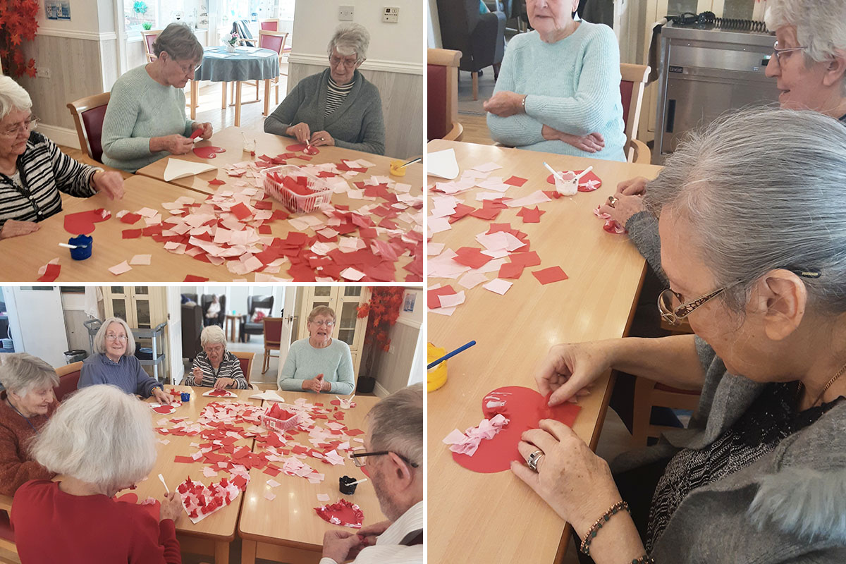 Woodstock Residential Care Home residents make Valentines hearts from tissue paper